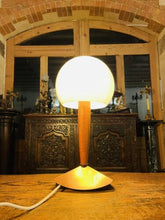 Load image into Gallery viewer, Mid Century Vintage Teak Table Lamp, Copper & Opaline Glass