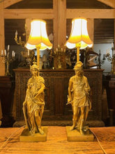 Load image into Gallery viewer, Antique Neo Classical Solid Gilded Bronze Table Lamps Depicting Roman Warriors