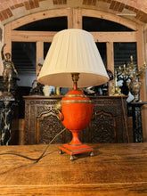 Load image into Gallery viewer, Antique Tole Lamp, Bronze & Red, Lion Mask Decoration