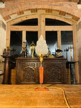 Load image into Gallery viewer, Antique Art Deco Phenolic Catalin Orange Table Lamp With Flame Shade, Bakelite