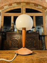Load image into Gallery viewer, Mid Century Vintage Teak Table Lamp, Copper & Opaline Glass