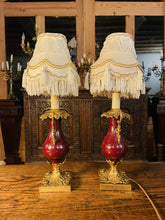 Load image into Gallery viewer, Pair Of Antique 19th Century Bronze & Red Enamel Urn Lamps