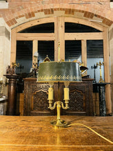 Load image into Gallery viewer, Antique 2 Arm Bouilotte Lamp, Brass & Green Tole Shade