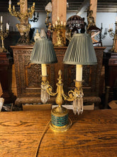 Load image into Gallery viewer, Antique 19th Century Candleabra Table Lamp, Cut Crystal, Malachite & Bronze