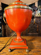 Load image into Gallery viewer, Antique Tole Lamp, Bronze & Red, Lion Mask Decoration
