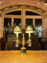 Load image into Gallery viewer, Antique 19th Century Candleabra Table Lamp, Cut Crystal, Malachite & Bronze