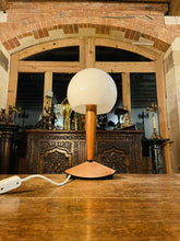 Load image into Gallery viewer, Mid Century Vintage Teak Table Lamp, Copper & Opaline Glass