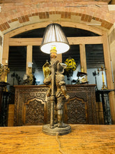 Load image into Gallery viewer, Antique 19th C Conquistador Newel Post Table Lamp, Patinated Bronze