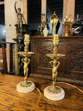 Load image into Gallery viewer, Antique Pair of Classical Cherub Table Lamps With White Marble Plinth