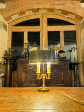 Load image into Gallery viewer, Antique 2 Arm Bouilotte Lamp, Brass & Green Tole Shade