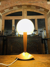 Load image into Gallery viewer, Mid Century Vintage Teak Table Lamp, Copper & Opaline Glass