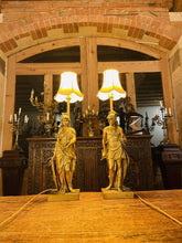 Load image into Gallery viewer, Antique Neo Classical Solid Gilded Bronze Table Lamps Depicting Roman Warriors