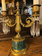 Load image into Gallery viewer, Antique 19th Century Candleabra Table Lamp, Cut Crystal, Malachite & Bronze
