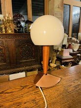 Load image into Gallery viewer, Mid Century Vintage Teak Table Lamp, Copper & Opaline Glass