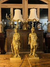 Load image into Gallery viewer, Antique Neo Classical Solid Gilded Bronze Table Lamps Depicting Roman Warriors