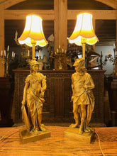 Load image into Gallery viewer, Antique Neo Classical Solid Gilded Bronze Table Lamps Depicting Roman Warriors