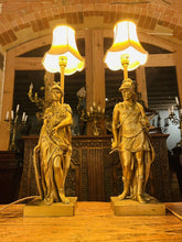 Load image into Gallery viewer, Antique Neo Classical Solid Gilded Bronze Table Lamps Depicting Roman Warriors