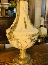 Load image into Gallery viewer, Antique 19th C French Ormolu Bronze & Marble Table Lamp, Rams Head Decoration