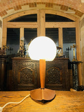 Load image into Gallery viewer, Mid Century Vintage Teak Table Lamp, Copper & Opaline Glass