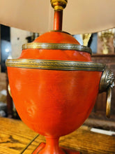 Load image into Gallery viewer, Antique Tole Lamp, Bronze & Red, Lion Mask Decoration
