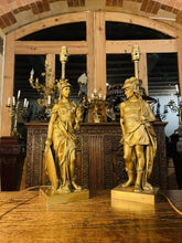 Load image into Gallery viewer, Antique Neo Classical Solid Gilded Bronze Table Lamps Depicting Roman Warriors