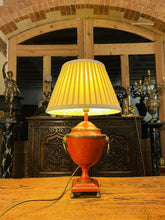 Load image into Gallery viewer, Antique Tole Lamp, Bronze & Red, Lion Mask Decoration