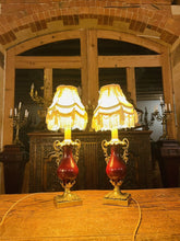 Load image into Gallery viewer, Pair Of Antique 19th Century Bronze & Red Enamel Urn Lamps