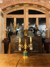 Load image into Gallery viewer, Antique 19th Century Candleabra Table Lamp, Cut Crystal, Malachite & Bronze