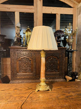Load image into Gallery viewer, Antique Gilded Bronze & Alabaster French Empire Table Lamp, Corinthian Capitol