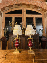 Load image into Gallery viewer, Pair Of Antique 19th Century Bronze & Red Enamel Urn Lamps