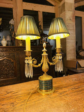 Load image into Gallery viewer, Antique 19th Century Candleabra Table Lamp, Cut Crystal, Malachite & Bronze