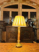 Load image into Gallery viewer, Antique Gilded Bronze & Alabaster French Empire Table Lamp, Corinthian Capitol