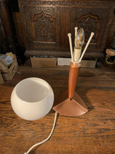 Load image into Gallery viewer, Mid Century Vintage Teak Table Lamp, Copper & Opaline Glass