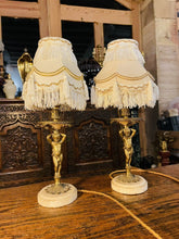 Load image into Gallery viewer, Antique Pair of Classical Cherub Table Lamps With White Marble Plinth