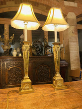 Load image into Gallery viewer, Pair of Imposing Large Brass Neo-Classical Table Lamps With Shades