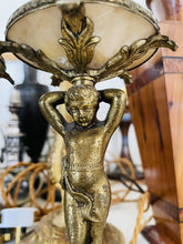 Load image into Gallery viewer, Antique Pair of Classical Cherub Table Lamps With White Marble Plinth
