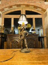 Load image into Gallery viewer, Antique 19th C Conquistador Newel Post Table Lamp, Patinated Bronze