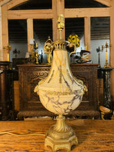 Load image into Gallery viewer, Antique 19th C French Ormolu Bronze & Marble Table Lamp, Rams Head Decoration