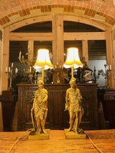 Load image into Gallery viewer, Antique Neo Classical Solid Gilded Bronze Table Lamps Depicting Roman Warriors