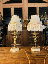 Load image into Gallery viewer, Antique Pair of Classical Cherub Table Lamps With White Marble Plinth