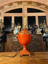 Load image into Gallery viewer, Antique Tole Lamp, Bronze & Red, Lion Mask Decoration
