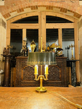 Load image into Gallery viewer, Antique 2 Arm Bouilotte Lamp, Brass & Green Tole Shade