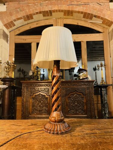 Antique Wooden Marquetry Spiral Table Lamp, Rewired