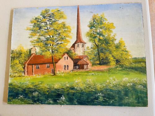 Vintage Oil Painting on Board, European Church In Meadow, Landscape