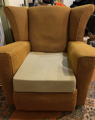 Pair Of 1940’s Yellow Coruroy Wing Back Chairs, Mid Century Vintage