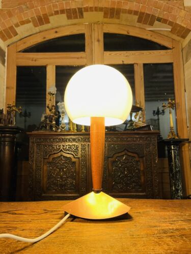 Mid Century Vintage Teak Table Lamp, Copper & Opaline Glass