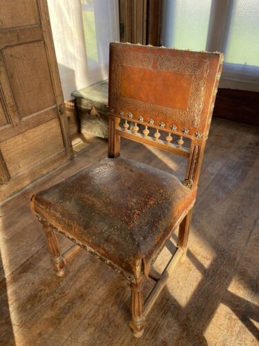 3 Antique 19th Century Spanish Renaissance Leather & Walnut Chairs, Brass Studs