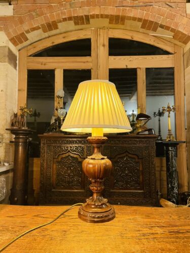 Antique Vintage Carved Wooden German Table Lamp, Traditional Lighting