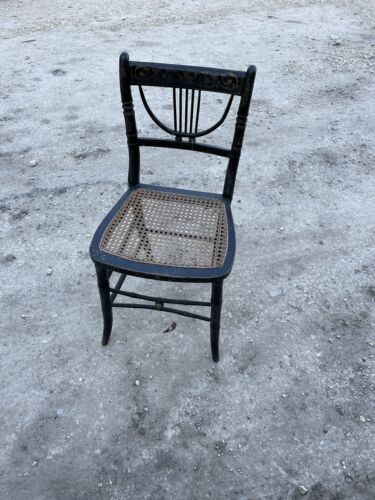 Antique Faux Bamboo Regency Chair with Caned Seat, Original Gold & Black Paint