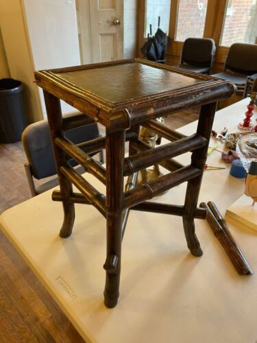 19thc English Chinoiserie Bamboo Side Table, Leather Top